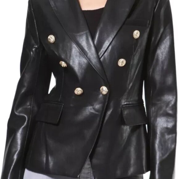 Womens Black Leather Double-Breasted Blazer Jacket By Madonna & Co